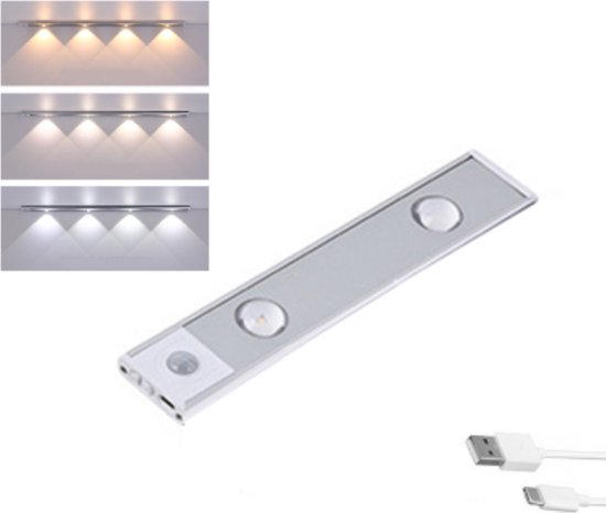 LED lamp 30cm met bewegingssensor - 3 kleuren(warm wit, wit en koud wit) - USB - Aluminium - Magnetisch - Zilver