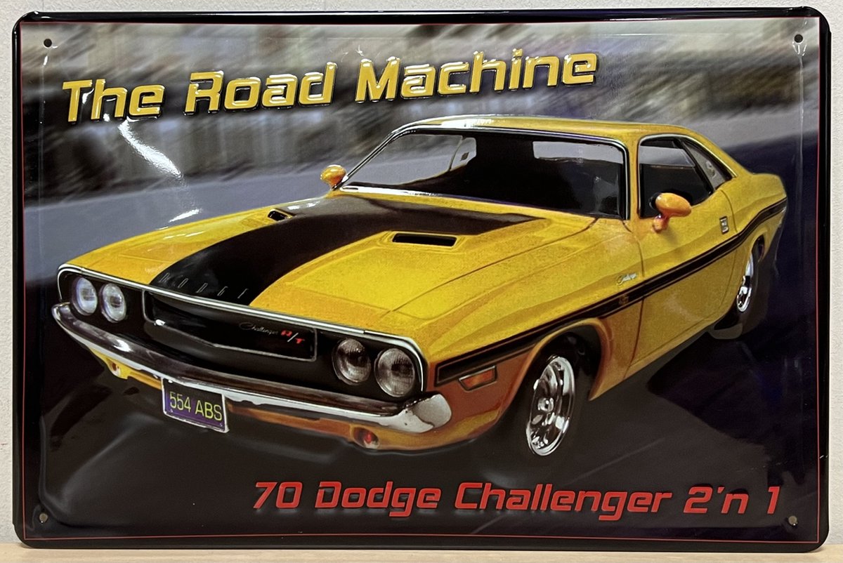 Dodge Challenger Reclamebord van metaal 30 x 20 cm GEBOLD BORD MET RELIEF METALEN-WANDBORD - MUURPLAAT - VINTAGE - RETRO - HORECA- WANDDECORATIE -TEKSTBORD - DECORATIEBORD - RECLAMEPLAAT - WANDPLAAT - NOSTALGIE -CAFE- BAR -MANCAVE- KROEG- MAN CAVE
