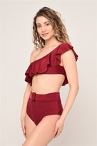 Bikini set- 2-delig Bikini set met een schouder- Hoge taille trendy bikini met riem 194- Bordeaux- Maat 40