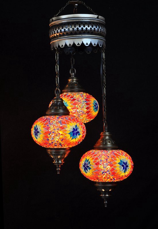 Turkse Lamp - Hanglamp Mozaïek Marokkaanse Oosters Handgemaakt Kroonluchter Multicolour ster 3 bollen