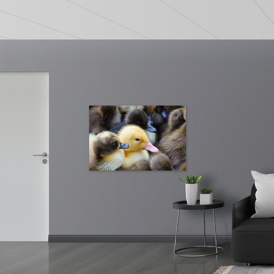 Hout - Groep Zwarte en Gele Kuikentjes - 120x80 cm - 9 mm dik - Foto op Hout (Met Ophangsysteem)