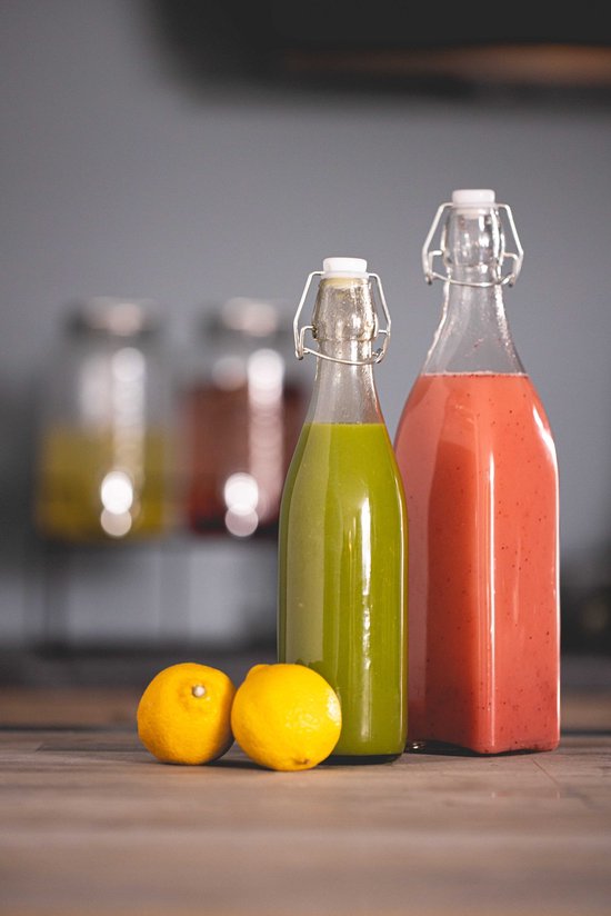 Glazen Beugelfles 1 Liter – Waterfles met Zomers Citroenpatroon – Transparant