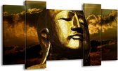 GroepArt - Schilderij - Boeddha - Goud, Grijs, Zwart - 120x65 5Luik - Foto Op Canvas - GroepArt 6000+ Schilderijen 0p Canvas Art Collectie - Wanddecoratie