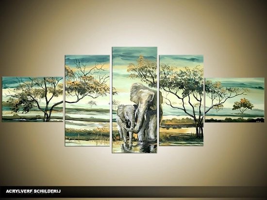 Arrangement Dwars zitten Skalk Acryl Schilderij Olifant | Groen | 170x70cm 5Luik Handgeschilderd | bol.com