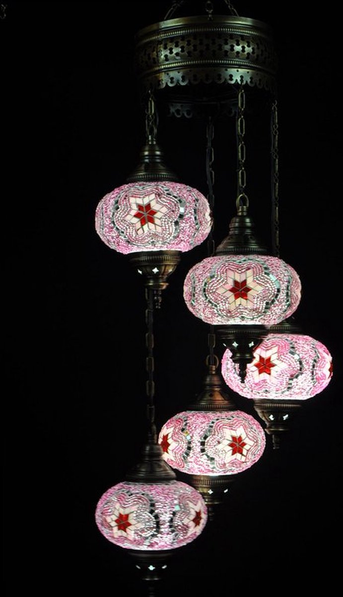 Turkse Lamp Hanglamp Mozaïek Marokkaanse Oosters Handgemaakt Kroonluchter Roze 5 bollen