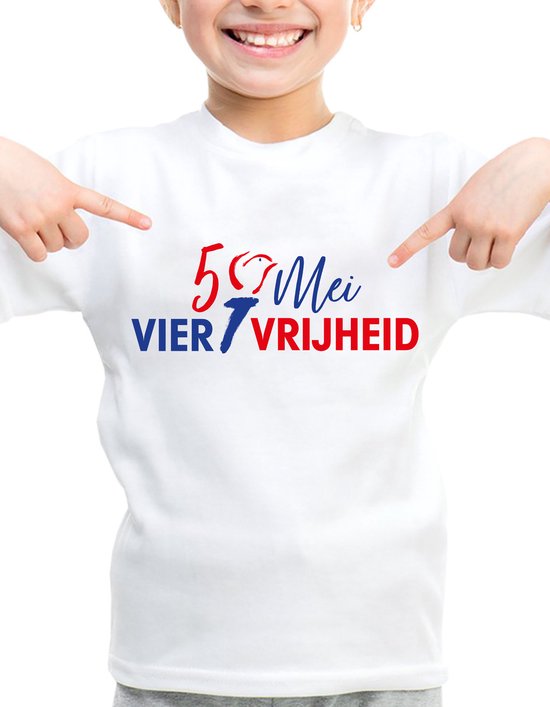 Bevrijdingsdag - Kinder T-Shirt - Wit - Maat 110 / 116 - T-Shirt leeftijd 5 tot 6 jaar - Grappige teksten - Cadeau - Shirt cadeau - Bevrijdingsdag - verjaardag - 5 mei T-Shirt