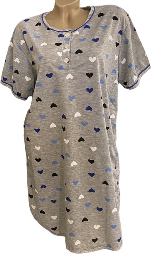 Dames nachthemd korte mouw 6507 met hartenprint XXXL grijs/blauw