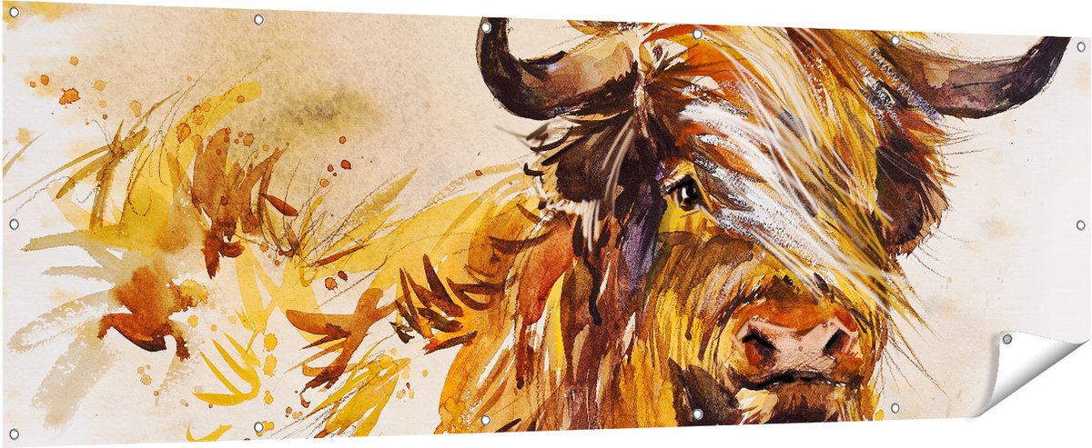 Gards Tuinposter Schotse Hooglander Koe - Abstract - 210x70 cm - Tuindoek - Tuindecoratie - Wanddecoratie buiten - Tuinschilderij Multikleur