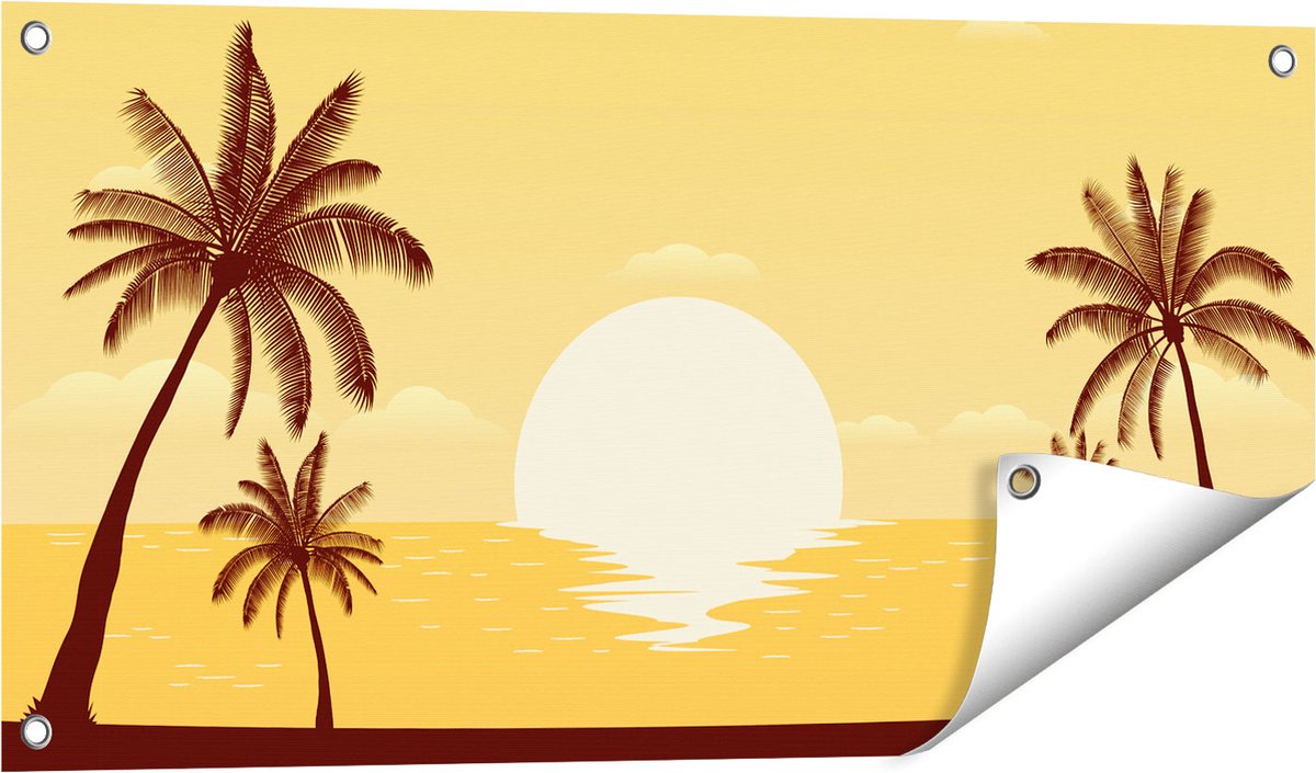 Gards Tuinposter Zonsondergang met Palmbomen - Abstract - 80x40 cm - Tuindoek - Tuindecoratie - Wanddecoratie buiten - Tuinschilderij Multikleur