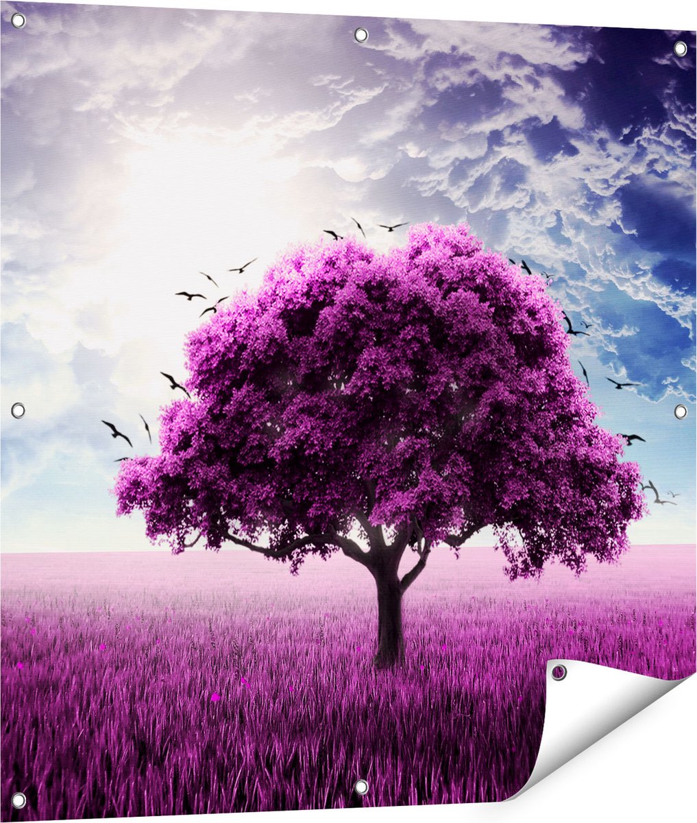 Gards Tuinposter Paarse Boom in het Paars Veld met Vogels - 90x90 cm - Tuindoek - Tuindecoratie - Wanddecoratie buiten - Tuinschilderij Multikleur
