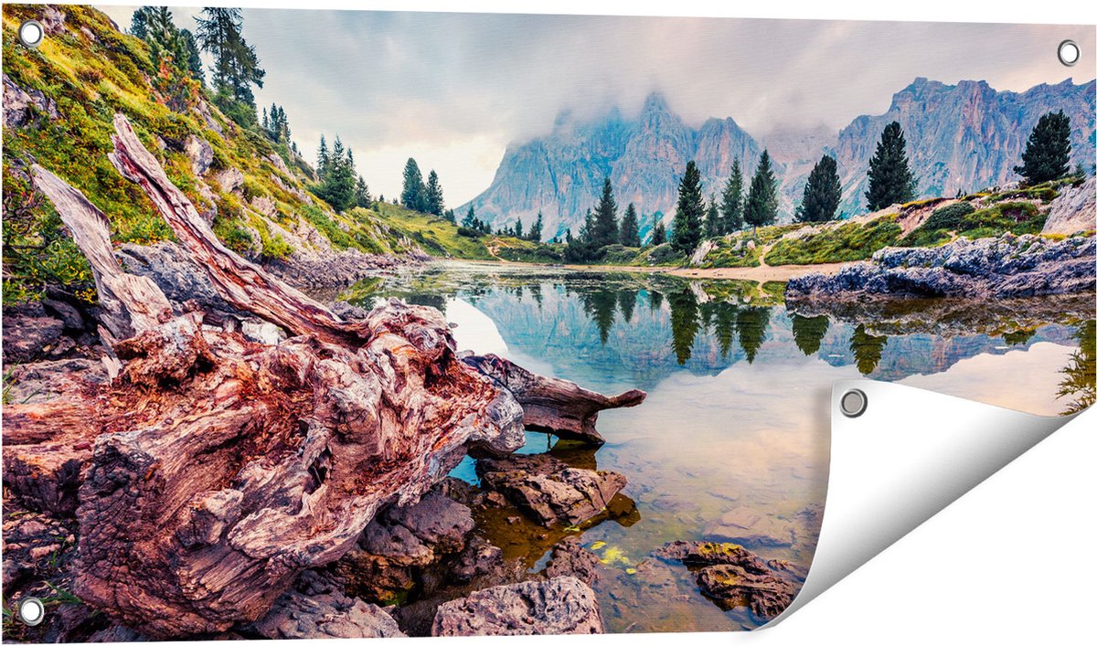 Gards Tuinposter Meer met Rotsen in de Alpen Bergen - 80x40 cm - Tuindoek - Tuindecoratie - Wanddecoratie buiten - Tuinschilderij Multikleur