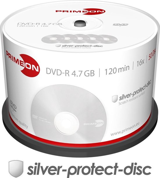 Primeon 2761204 DVD-R disc 4.7 GB 50 stuk(s) Spindel Mat zilver oppervlak