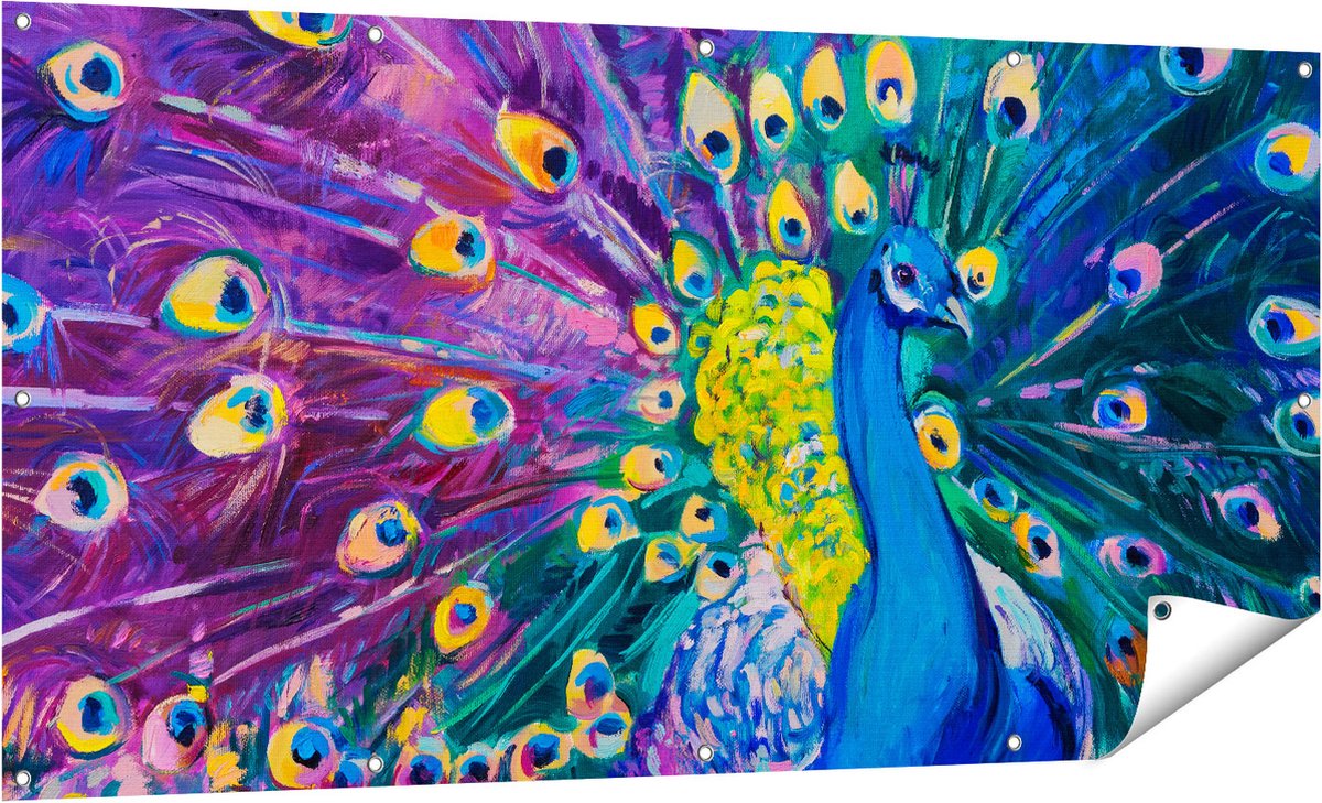 Gards Tuinposter Pauw met Kleurrijke Veren van Olieverf - Abstract - 160x80 cm - Tuindoek - Tuindecoratie - Wanddecoratie buiten - Tuinschilderij Multikleur