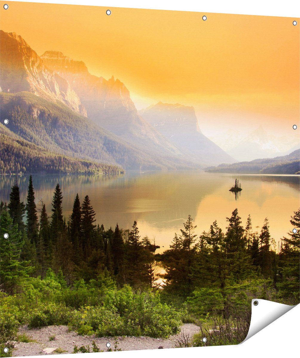 Gards Tuinposter Bergen met een Meer in Nationaal Park Glacier - 120x120 cm - Tuindoek - Tuindecoratie - Wanddecoratie buiten - Tuinschilderij Multikleur