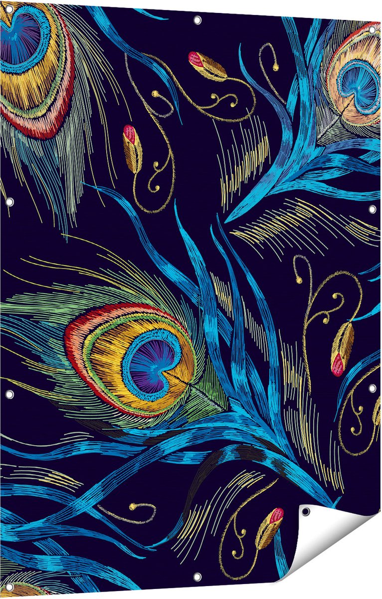 Gards Tuinposter Getekende Pauw Veren Achtergrond - 90x120 cm - Tuindoek - Tuindecoratie - Wanddecoratie buiten - Tuinschilderij Multikleur