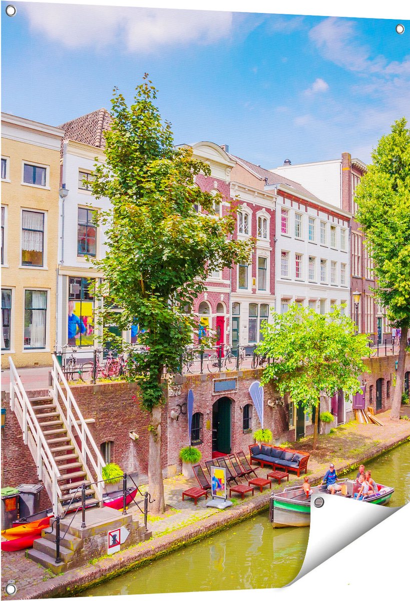 Gards Tuinposter Huisjes aan de Oudegracht in Utrecht - 80x100 cm - Tuindoek - Tuindecoratie - Wanddecoratie buiten - Tuinschilderij Multikleur
