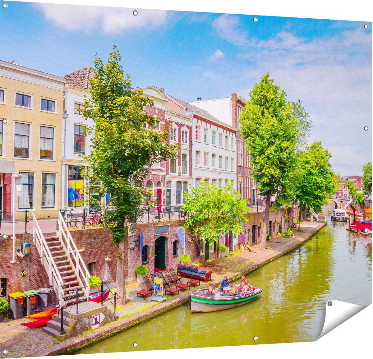 Gards Tuinposter Huisjes aan de Oudegracht in Utrecht - 150x120 cm - Tuindoek - Tuindecoratie - Wanddecoratie buiten - Tuinschilderij Multikleur