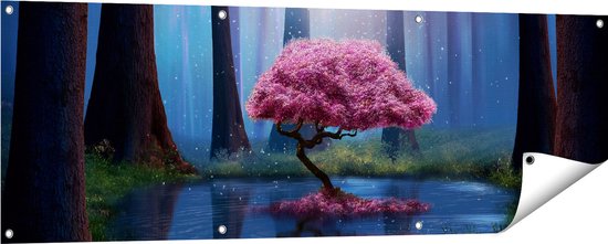 Gards Tuinposter Roze Boom op een Vijver in de Nacht - 150x50 cm - Tuindoek - Tuindecoratie - Wanddecoratie buiten - Tuinschilderij
