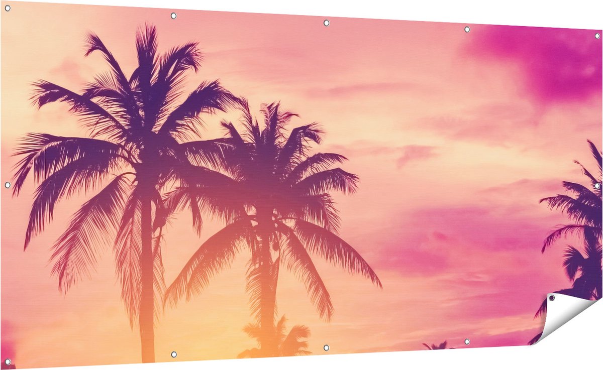 Gards Tuinposter Tropische Palmbomen met Zonsondergang - 200x100 cm - Tuindoek - Tuindecoratie - Wanddecoratie buiten - Tuinschilderij Multikleur