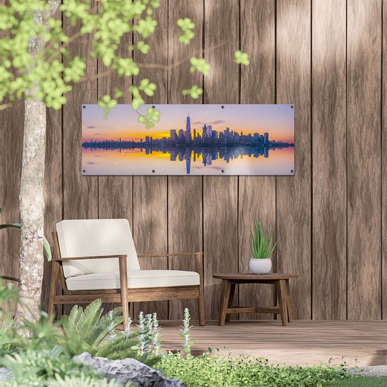 Gards Tuinposter New York Skyline bij Zonsopgang - 120x40 cm - Tuindoek - Tuindecoratie - Wanddecoratie buiten - Tuinschilderij