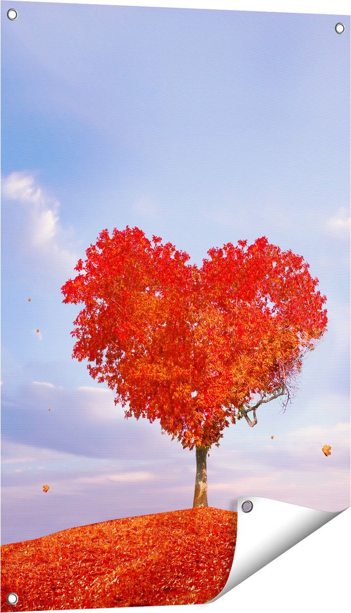 Gards Tuinposter Rode Liefde Boom in een Hart Vorm - 60x90 cm - Tuindoek - Tuindecoratie - Wanddecoratie buiten - Tuinschilderij Multikleur