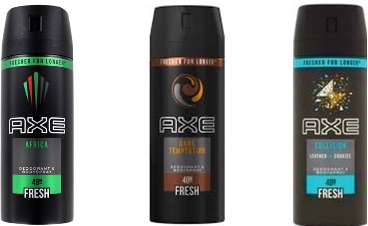 Goedkoopste AXE Deodorant Spray MIX - Dark Temptation / Africa / Collison Leather & Cookies - Voordeelverpakking 3 x 150 ml