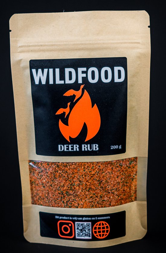 Zakje WILD FOOD DEER RUB met de tekst 'Dit product is vrij van gluten en E-nummers'.