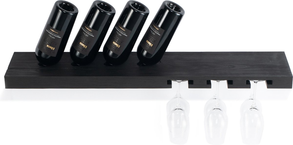 Tu Las™ Massief houten wijnflessen houder inclusief wijnglazen en champagneglazen houder - 94 x 22 x 4 cm - Zwevende wijnflessen houder - Muur bevestiging - Essen hout — cadeau in Wonen & Interieur - foto 3