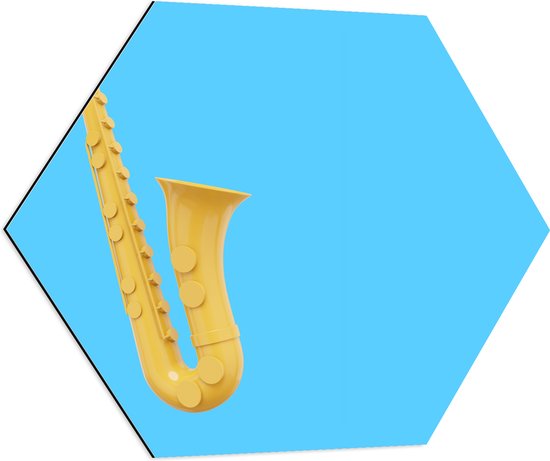 Dibond Hexagon - Gele Saxofoon tegen Blauwe Achtergrond - 70x60.9 cm Foto op Hexagon (Met Ophangsysteem)