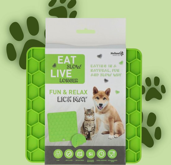 Eat Slow Live Longer Fun & Relax Lick Mat – Likmat voor honden – Anti-schrok bak – Slowfeeder – Gemakkelijk overal te plaatsen - Likplaat voor huisdieren – Uitdaging voor je huisdier – Groen - L23xB19xH1 cm
