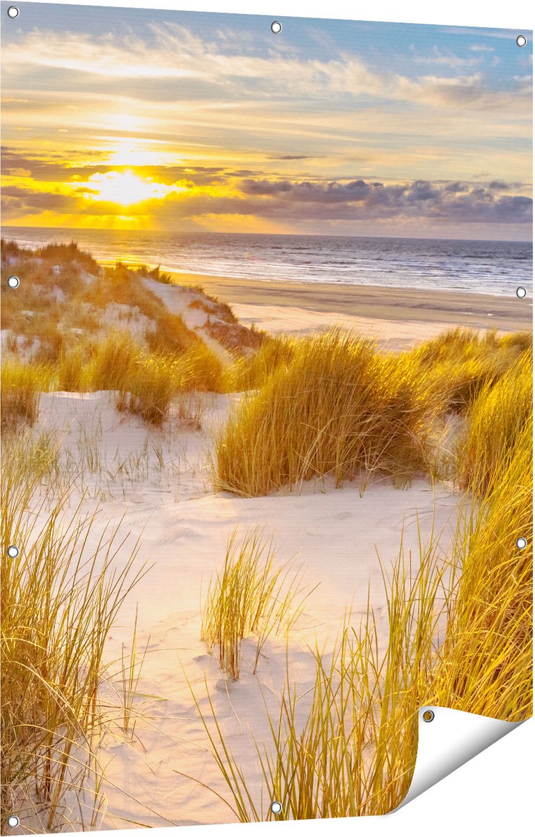 Gards Tuinposter Strand en Duinen tijdens Zonsondergang - 90x120 cm - Tuindoek - Tuindecoratie - Wanddecoratie buiten - Tuinschilderij Multikleur