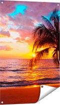 Gards Tuinposter Tropisch Strand tijdens Zonsondergang - 60x90 cm - Tuindoek - Tuindecoratie - Wanddecoratie buiten - Tuinschilderij