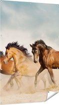 Gards Tuinposter Drie Bruine Paarden - 100x150 cm - Tuindoek - Tuindecoratie - Wanddecoratie buiten - Tuinschilderij