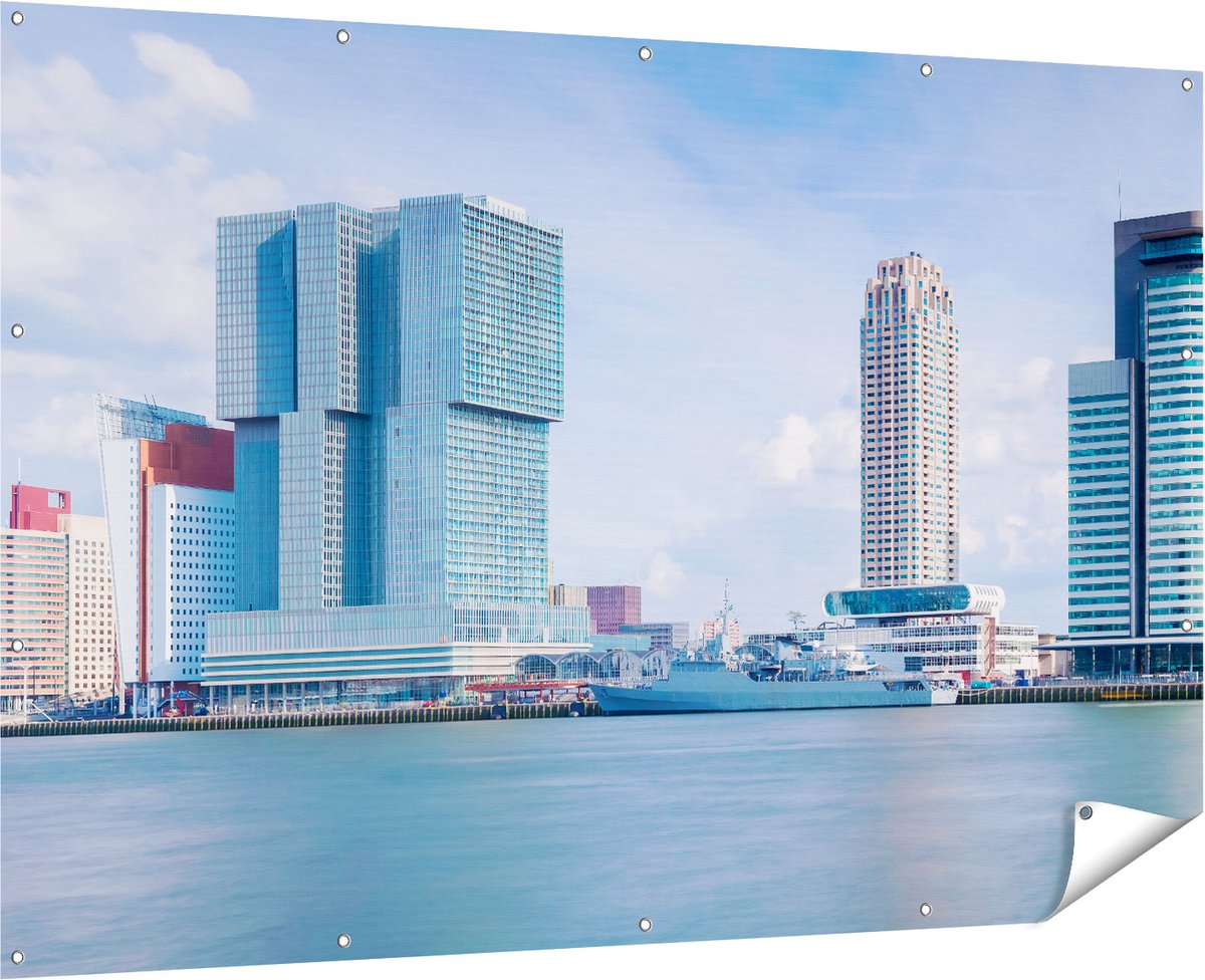 Gards Tuinposter Rotterdamse Skyline aan het Water - 180x120 cm - Tuindoek - Tuindecoratie - Wanddecoratie buiten - Tuinschilderij Multikleur