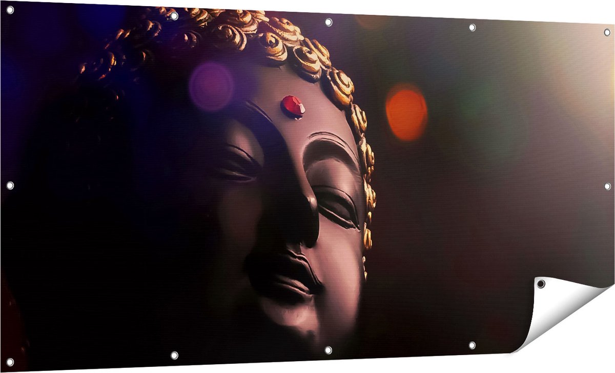 Gards Tuinposter Boeddha Beeld met Gouden Sierraden - 160x80 cm - Tuindoek - Tuindecoratie - Wanddecoratie buiten - Tuinschilderij Multikleur