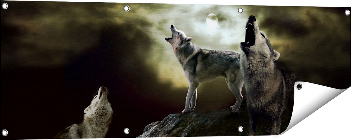 Gards Tuinposter Drie Huilende Wolven tijdens Volle Maan - 120x40 cm - Tuindoek - Tuindecoratie - Wanddecoratie buiten - Tuinschilderij Multikleur