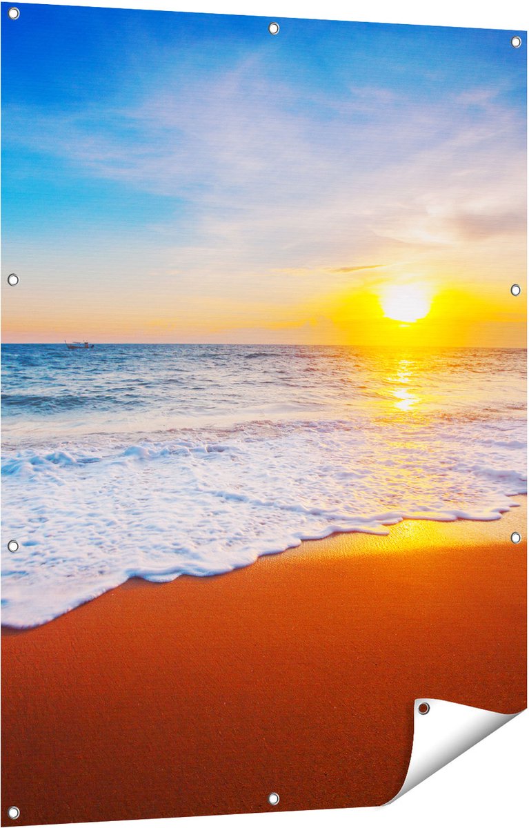 Gards Tuinposter Strand en Zee tijdens Zonsondergang - 90x120 cm - Tuindoek - Tuindecoratie - Wanddecoratie buiten - Tuinschilderij Multikleur
