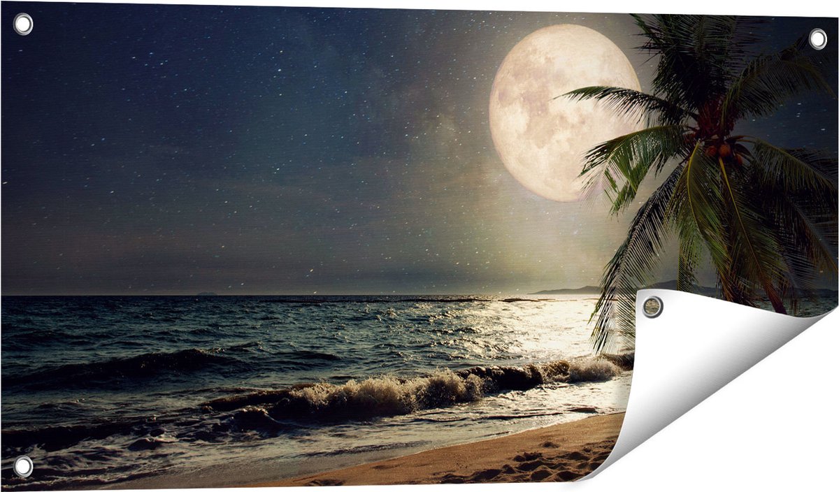 Gards Tuinposter Tropisch Strand in de Nacht met Volle Maan - 80x40 cm - Tuindoek - Tuindecoratie - Wanddecoratie buiten - Tuinschilderij Multikleur