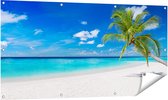 Gards Tuinposter Tropisch Strand met een Palmboom - 140x70 cm - Tuindoek - Tuindecoratie - Wanddecoratie buiten - Tuinschilderij