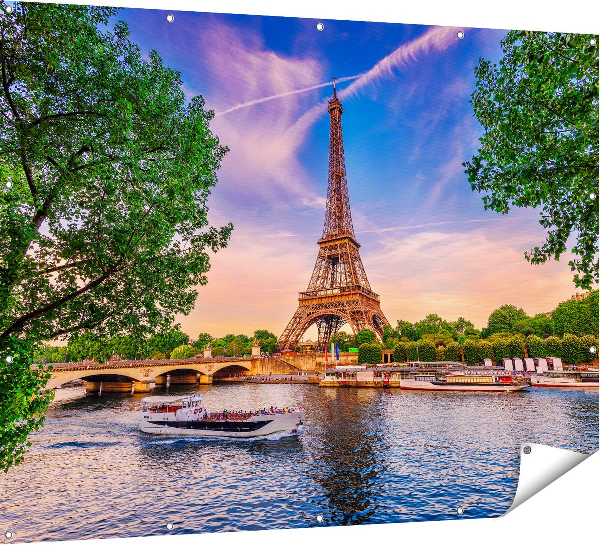 Gards Tuinposter Eiffeltoren in Parijs aan het Water - Kleur - 160x120 cm - Tuindoek - Tuindecoratie - Wanddecoratie buiten - Tuinschilderij Multikleur