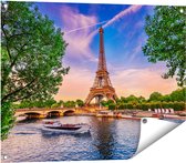 Gards Tuinposter Eiffeltoren in Parijs aan het Water - Kleur - 80x60 cm - Tuindoek - Tuindecoratie - Wanddecoratie buiten - Tuinschilderij