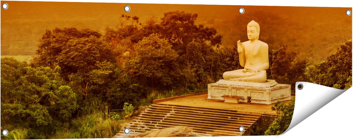 Gards Tuinposter Boeddha Beeld bij een Tempel in het Bos - 120x40 cm - Tuindoek - Tuindecoratie - Wanddecoratie buiten - Tuinschilderij Multikleur