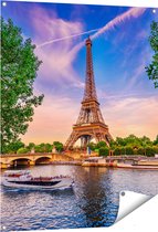 Gards Tuinposter Eiffeltoren in Parijs aan het Water - Kleur - 80x100 cm - Tuindoek - Tuindecoratie - Wanddecoratie buiten - Tuinschilderij