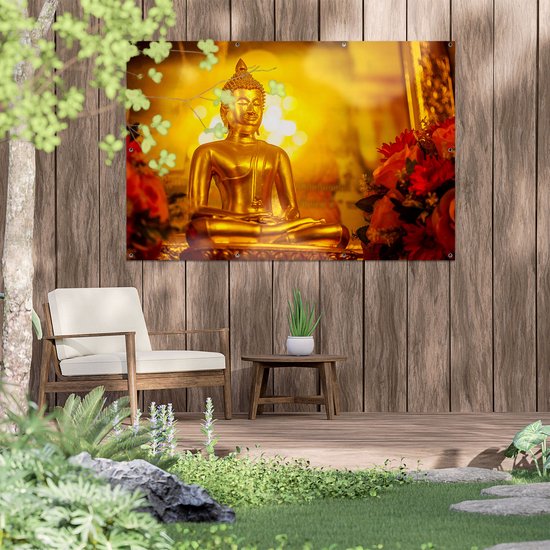 Gards Poster de jardin Statue Bouddha doré - 150x100 cm - Toile de jardin - Décoration de jardin - Décoration murale extérieure - Tableau de jardin