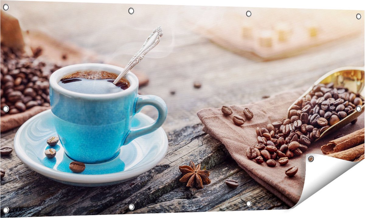 Gards Tuinposter Blauw Kopje Koffie met Koffiebonen - 120x60 cm - Tuindoek - Tuindecoratie - Wanddecoratie buiten - Tuinschilderij Multikleur
