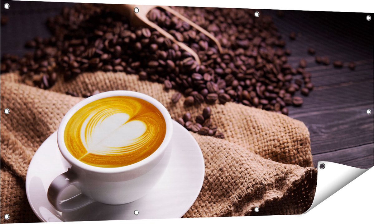 Gards Tuinposter Kopje Koffie in een Hartje met Koffiebonen - 140x70 cm - Tuindoek - Tuindecoratie - Wanddecoratie buiten - Tuinschilderij Multikleur