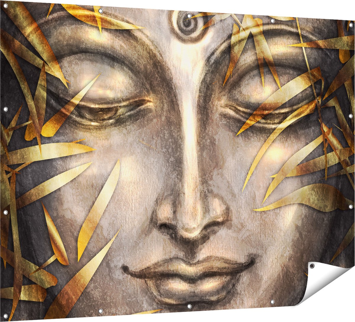 Gards Tuinposter Boeddha Beeld met Gouden Bladeren - 160x120 cm - Tuindoek - Tuindecoratie - Wanddecoratie buiten - Tuinschilderij Multikleur