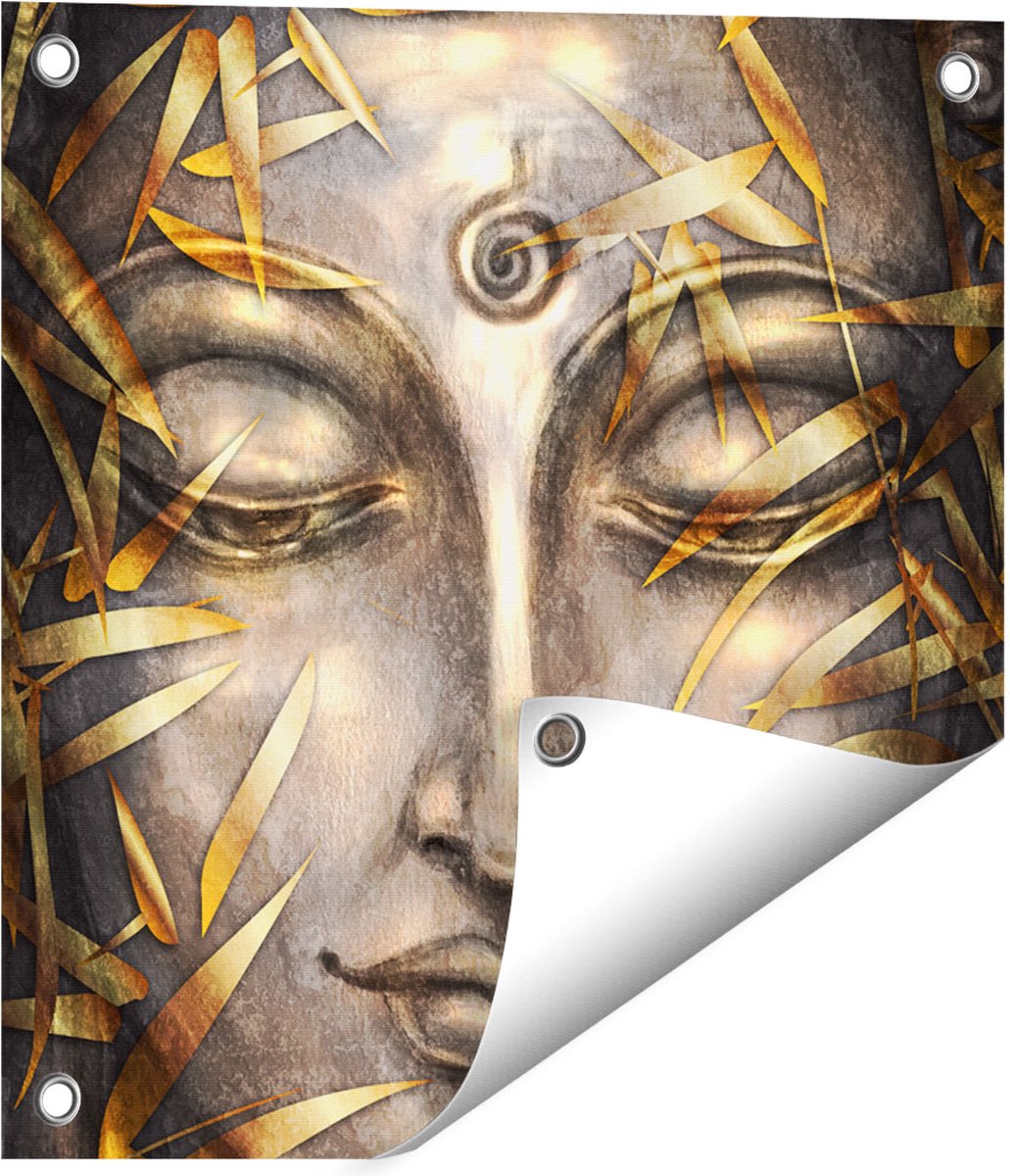 Gards Tuinposter Boeddha Beeld met Gouden Bladeren - 40x40 cm - Tuindoek - Tuindecoratie - Wanddecoratie buiten - Tuinschilderij Multikleur