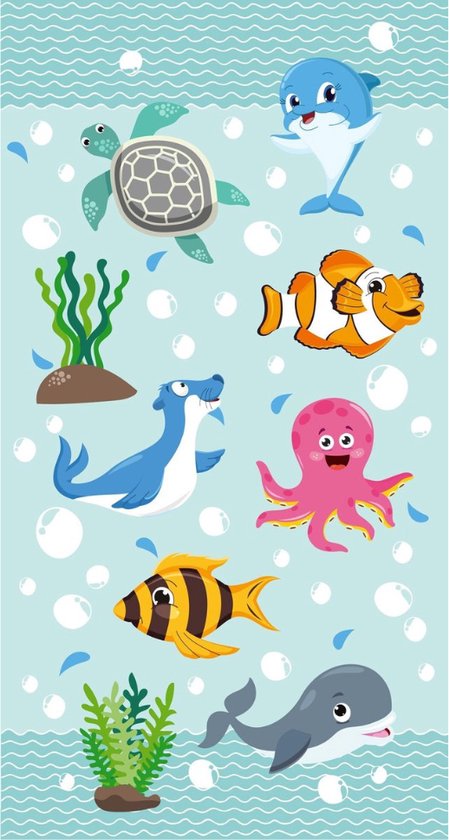 Droomtextiel Zee Dieren Dolfijn Vis Schildpad Mint strandlaken - Handdoek 75x150 cm - Heerlijk Zacht - Poly Velours
