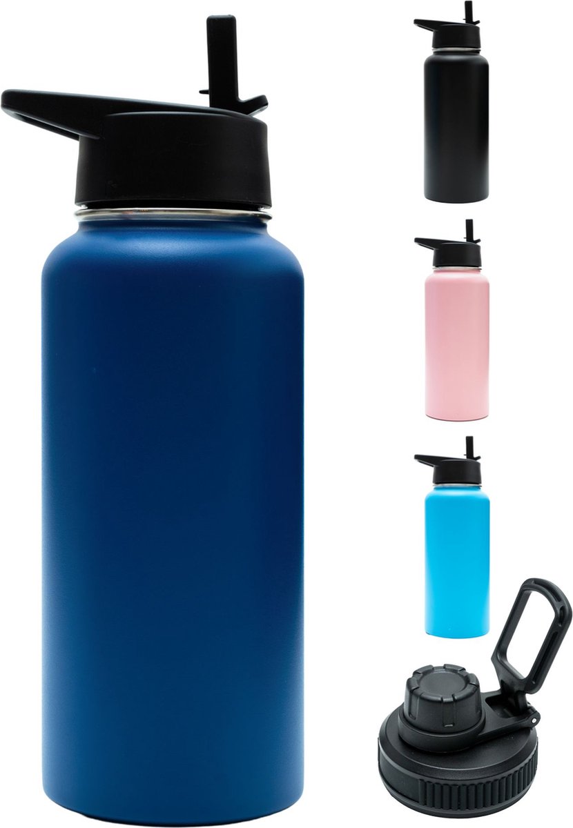 Bidon - Navy Blue - 1 Liter - Extra Dop Met Rietje & Drinktuit - Bidon Met Rietje - Isoleerfles - BPA vrij - Lekvrij - Bidon 1 liter